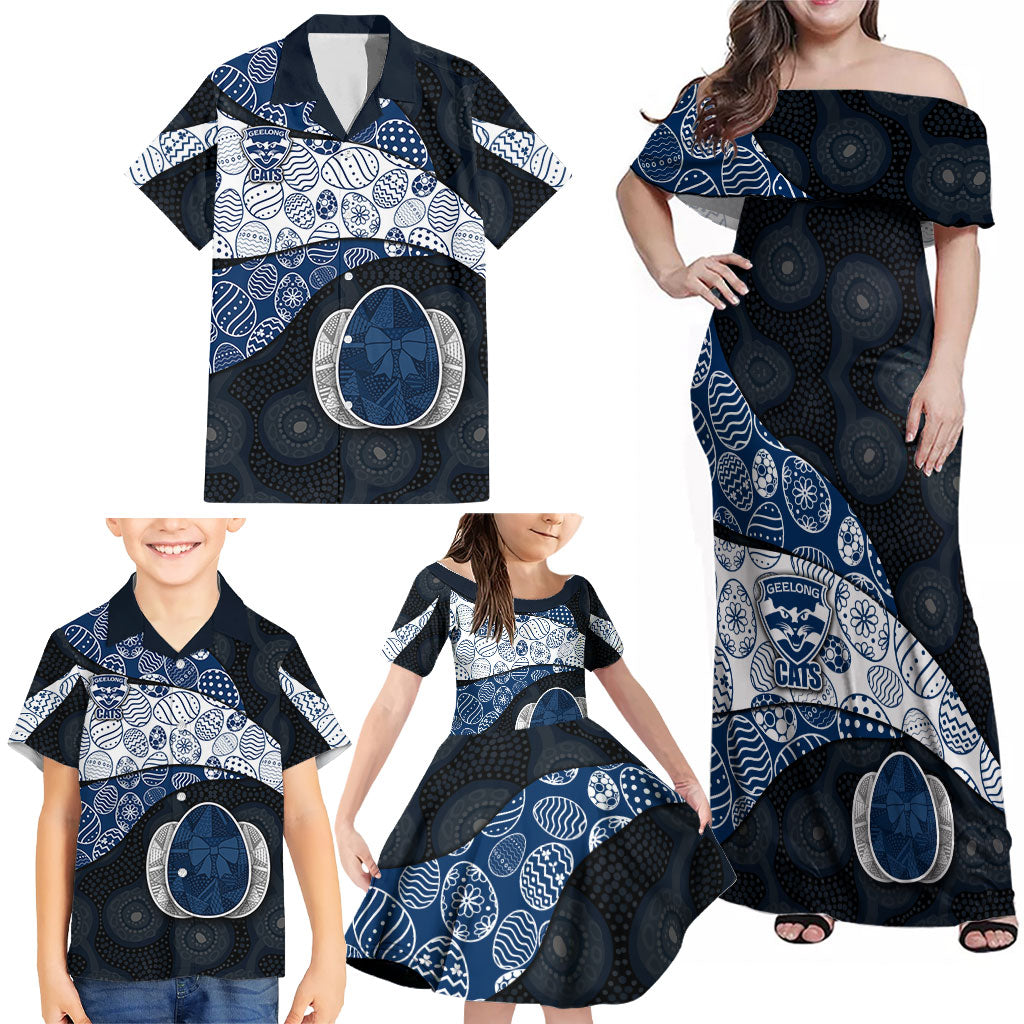 Personalized Geelong Cats Football Family Matching Off Shoulder Maxi Dress and Hawaiian Shirt Easter Egg Pattern Blue Monochrome Tribal Dot Style