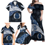 Personalized Geelong Cats Football Family Matching Off Shoulder Maxi Dress and Hawaiian Shirt Easter Egg Pattern Blue Monochrome Tribal Dot Style