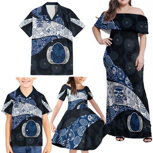 Personalized Geelong Cats Football Family Matching Off Shoulder Maxi Dress and Hawaiian Shirt Easter Egg Pattern Blue Monochrome Tribal Dot Style