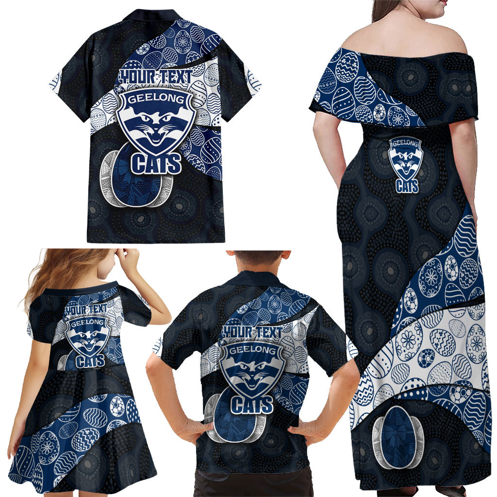Personalized Geelong Cats Football Family Matching Off Shoulder Maxi Dress and Hawaiian Shirt Easter Egg Pattern Blue Monochrome Tribal Dot Style