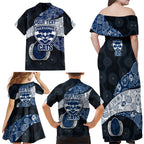 Personalized Geelong Cats Football Family Matching Off Shoulder Maxi Dress and Hawaiian Shirt Easter Egg Pattern Blue Monochrome Tribal Dot Style