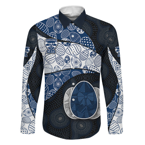 Personalized Geelong Cats Football Family Matching Off Shoulder Maxi Dress and Hawaiian Shirt Easter Egg Pattern Blue Monochrome Tribal Dot Style