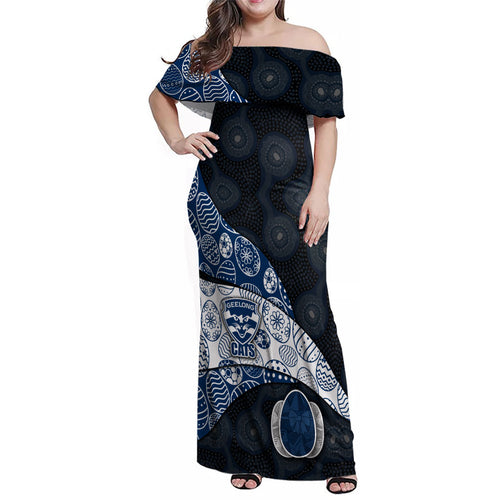 Personalized Geelong Cats Football Family Matching Off Shoulder Maxi Dress and Hawaiian Shirt Easter Egg Pattern Blue Monochrome Tribal Dot Style