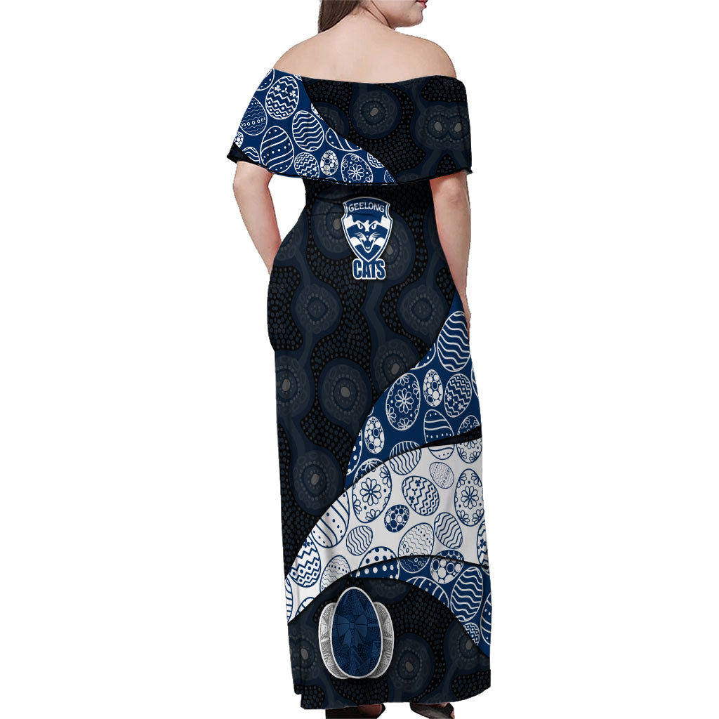 Personalized Geelong Cats Football Family Matching Off Shoulder Maxi Dress and Hawaiian Shirt Easter Egg Pattern Blue Monochrome Tribal Dot Style