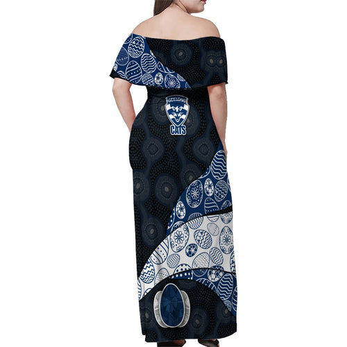 Personalized Geelong Cats Football Family Matching Off Shoulder Maxi Dress and Hawaiian Shirt Easter Egg Pattern Blue Monochrome Tribal Dot Style