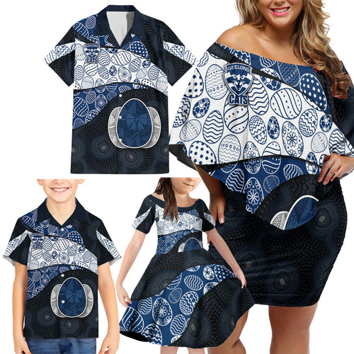Personalized Geelong Cats Football Family Matching Off Shoulder Short Dress and Hawaiian Shirt Easter Egg Pattern Blue Monochrome Tribal Dot Style