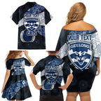 Personalized Geelong Cats Football Family Matching Off Shoulder Short Dress and Hawaiian Shirt Easter Egg Pattern Blue Monochrome Tribal Dot Style