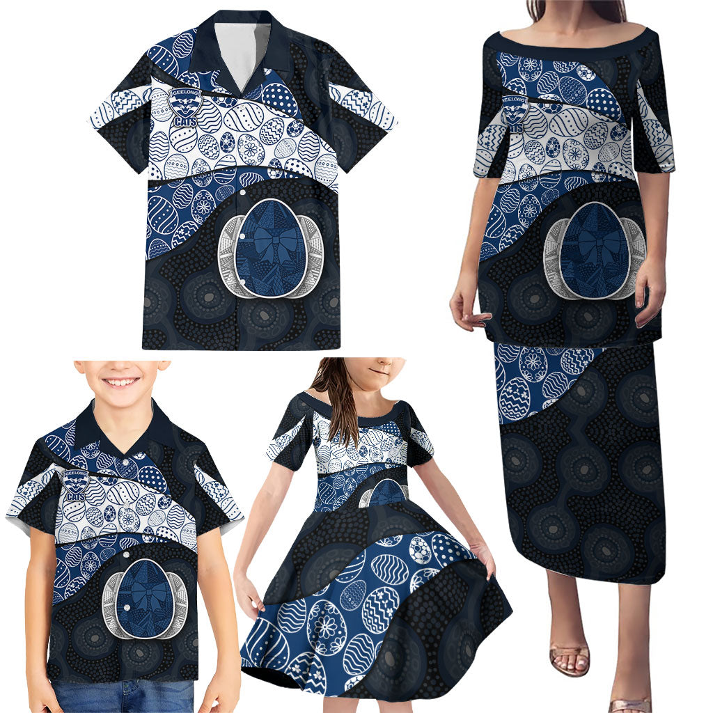 Personalized Geelong Cats Football Family Matching Puletasi and Hawaiian Shirt Easter Egg Pattern Blue Monochrome Tribal Dot Style
