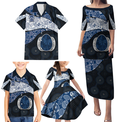 Personalized Geelong Cats Football Family Matching Puletasi and Hawaiian Shirt Easter Egg Pattern Blue Monochrome Tribal Dot Style