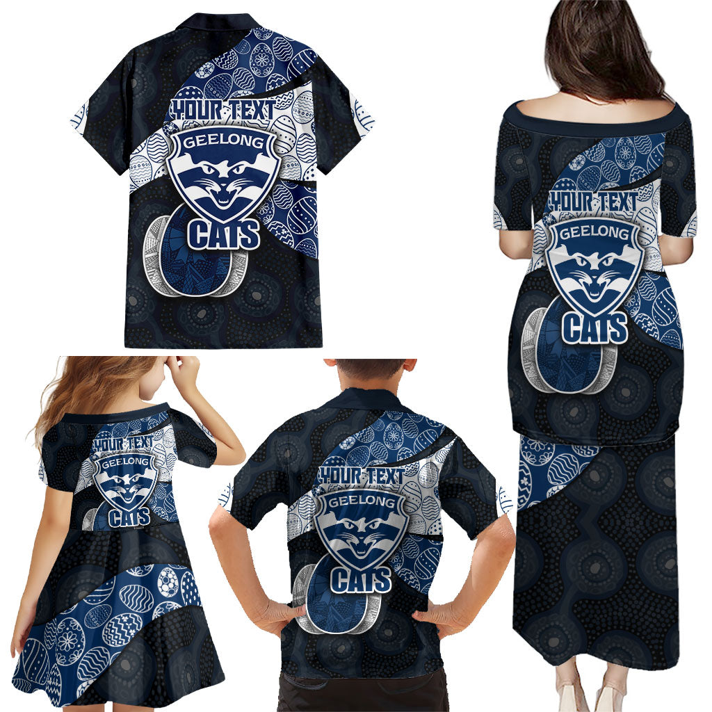 Personalized Geelong Cats Football Family Matching Puletasi and Hawaiian Shirt Easter Egg Pattern Blue Monochrome Tribal Dot Style