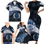 Personalized Geelong Cats Football Family Matching Short Sleeve Bodycon Dress and Hawaiian Shirt Easter Egg Pattern Blue Monochrome Tribal Dot Style
