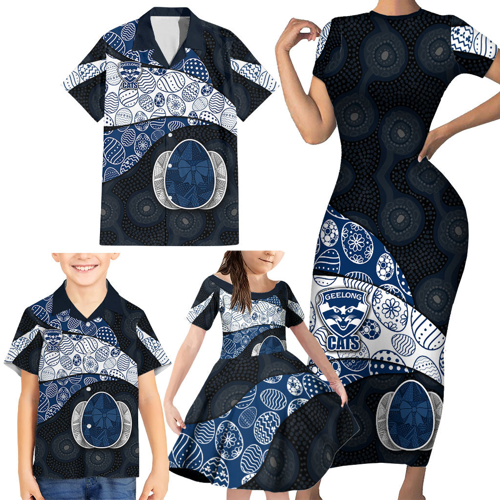 Personalized Geelong Cats Football Family Matching Short Sleeve Bodycon Dress and Hawaiian Shirt Easter Egg Pattern Blue Monochrome Tribal Dot Style
