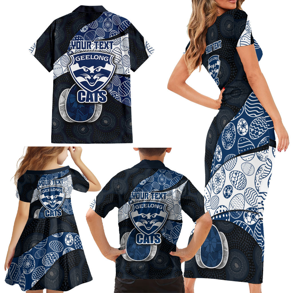 Personalized Geelong Cats Football Family Matching Short Sleeve Bodycon Dress and Hawaiian Shirt Easter Egg Pattern Blue Monochrome Tribal Dot Style