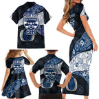 Personalized Geelong Cats Football Family Matching Short Sleeve Bodycon Dress and Hawaiian Shirt Easter Egg Pattern Blue Monochrome Tribal Dot Style