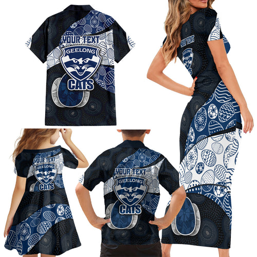 Personalized Geelong Cats Football Family Matching Short Sleeve Bodycon Dress and Hawaiian Shirt Easter Egg Pattern Blue Monochrome Tribal Dot Style