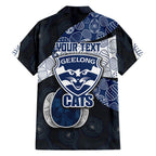 Personalized Geelong Cats Football Family Matching Short Sleeve Bodycon Dress and Hawaiian Shirt Easter Egg Pattern Blue Monochrome Tribal Dot Style