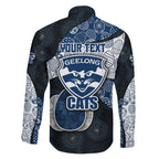 Personalized Geelong Cats Football Family Matching Short Sleeve Bodycon Dress and Hawaiian Shirt Easter Egg Pattern Blue Monochrome Tribal Dot Style