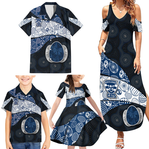 Personalized Geelong Cats Football Family Matching Summer Maxi Dress and Hawaiian Shirt Easter Egg Pattern Blue Monochrome Tribal Dot Style