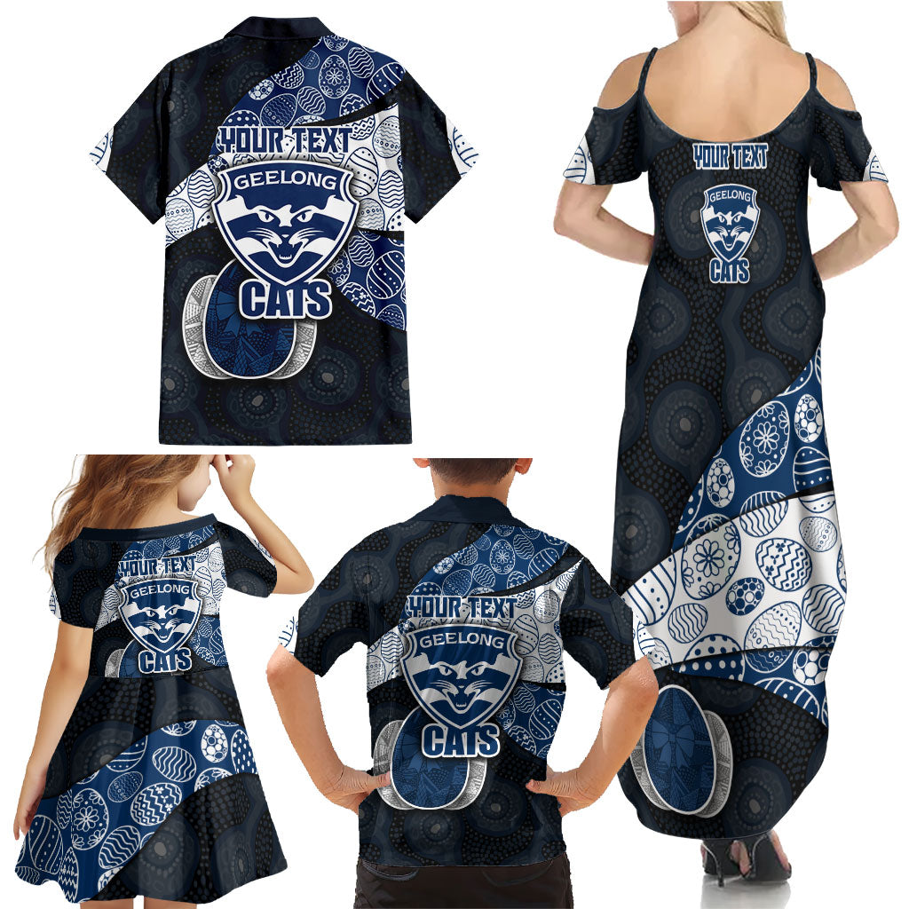 Personalized Geelong Cats Football Family Matching Summer Maxi Dress and Hawaiian Shirt Easter Egg Pattern Blue Monochrome Tribal Dot Style
