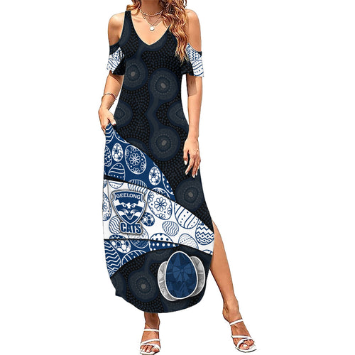Personalized Geelong Cats Football Family Matching Summer Maxi Dress and Hawaiian Shirt Easter Egg Pattern Blue Monochrome Tribal Dot Style
