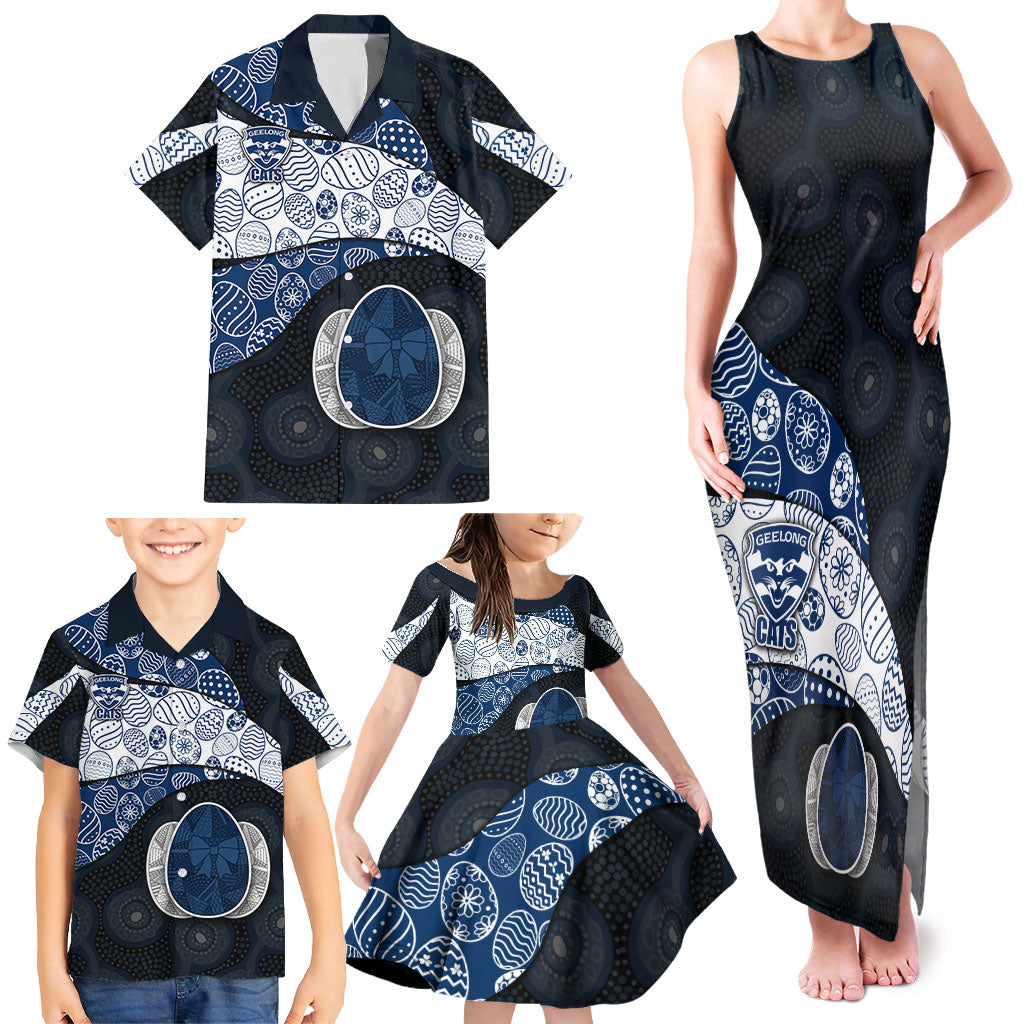 Personalized Geelong Cats Football Family Matching Tank Maxi Dress and Hawaiian Shirt Easter Egg Pattern Blue Monochrome Tribal Dot Style
