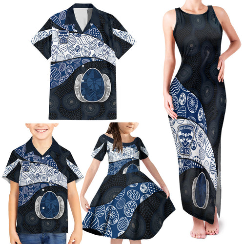 Personalized Geelong Cats Football Family Matching Tank Maxi Dress and Hawaiian Shirt Easter Egg Pattern Blue Monochrome Tribal Dot Style