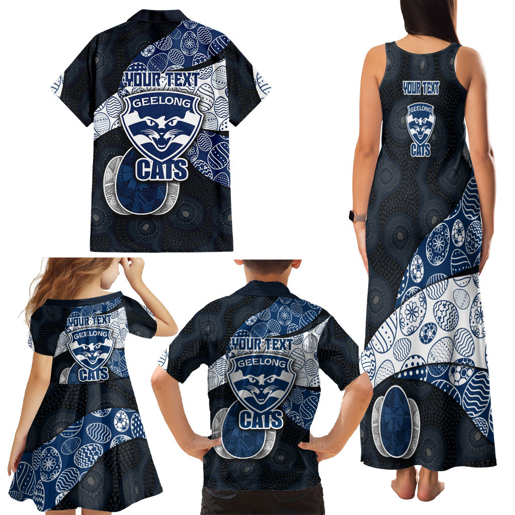 Personalized Geelong Cats Football Family Matching Tank Maxi Dress and Hawaiian Shirt Easter Egg Pattern Blue Monochrome Tribal Dot Style