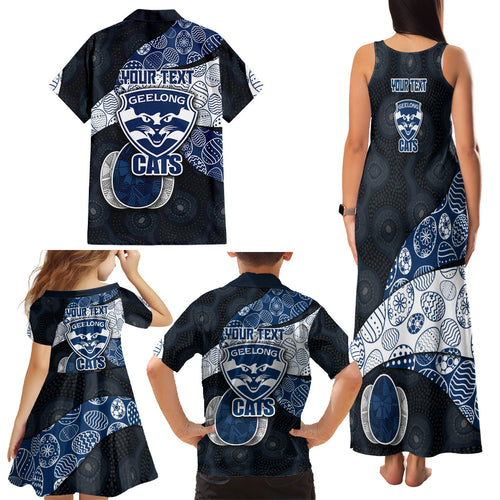 Personalized Geelong Cats Football Family Matching Tank Maxi Dress and Hawaiian Shirt Easter Egg Pattern Blue Monochrome Tribal Dot Style