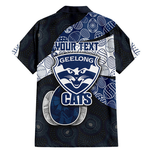 Personalized Geelong Cats Football Family Matching Tank Maxi Dress and Hawaiian Shirt Easter Egg Pattern Blue Monochrome Tribal Dot Style