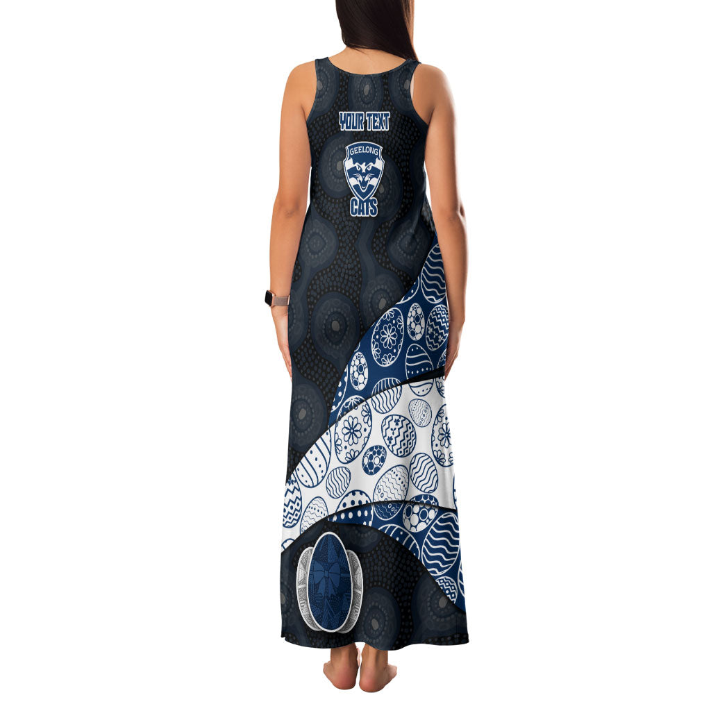 Personalized Geelong Cats Football Family Matching Tank Maxi Dress and Hawaiian Shirt Easter Egg Pattern Blue Monochrome Tribal Dot Style