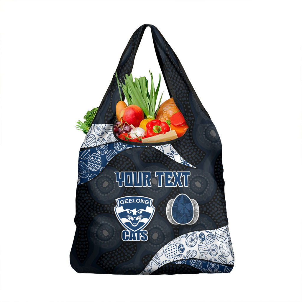 Personalized Geelong Cats Football Grocery Bag Easter Egg Pattern Blue Monochrome Tribal Dot Style