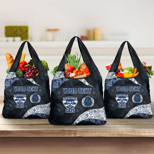 Personalized Geelong Cats Football Grocery Bag Easter Egg Pattern Blue Monochrome Tribal Dot Style