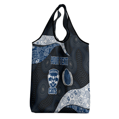 Personalized Geelong Cats Football Grocery Bag Easter Egg Pattern Blue Monochrome Tribal Dot Style