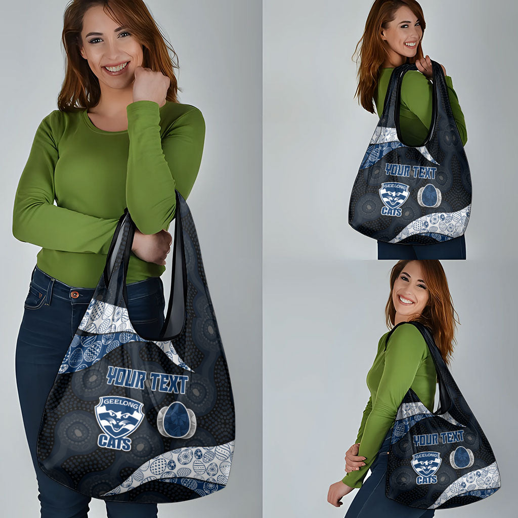 Personalized Geelong Cats Football Grocery Bag Easter Egg Pattern Blue Monochrome Tribal Dot Style