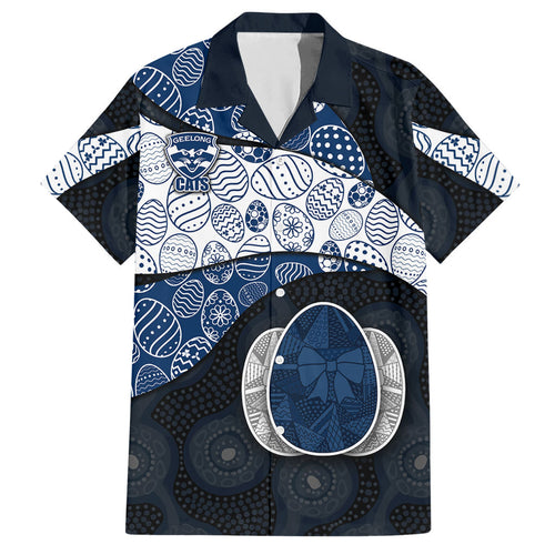 Personalized Geelong Cats Football Hawaiian Shirt Easter Egg Pattern Blue Monochrome Tribal Dot Style