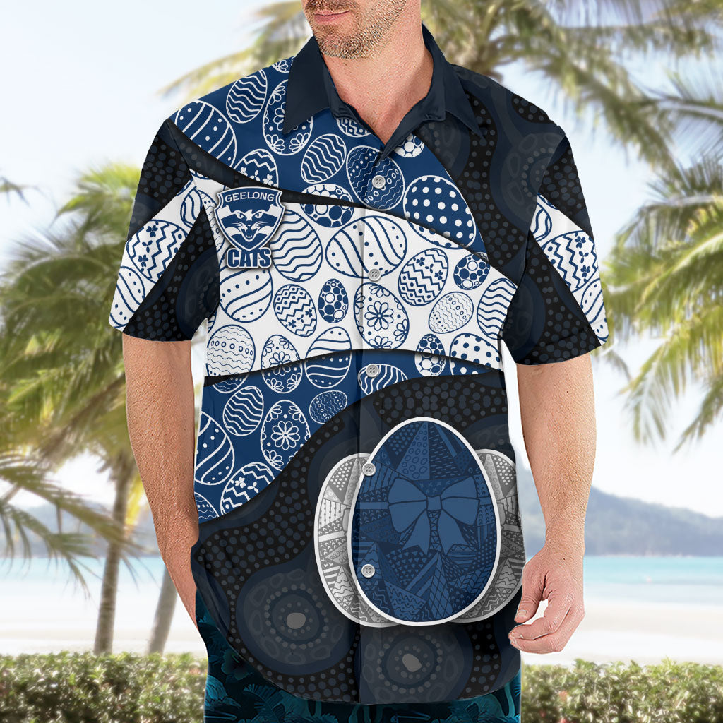 Personalized Geelong Cats Football Hawaiian Shirt Easter Egg Pattern Blue Monochrome Tribal Dot Style