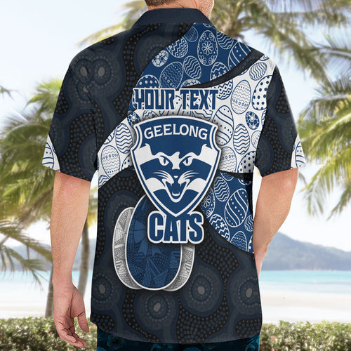 Personalized Geelong Cats Football Hawaiian Shirt Easter Egg Pattern Blue Monochrome Tribal Dot Style