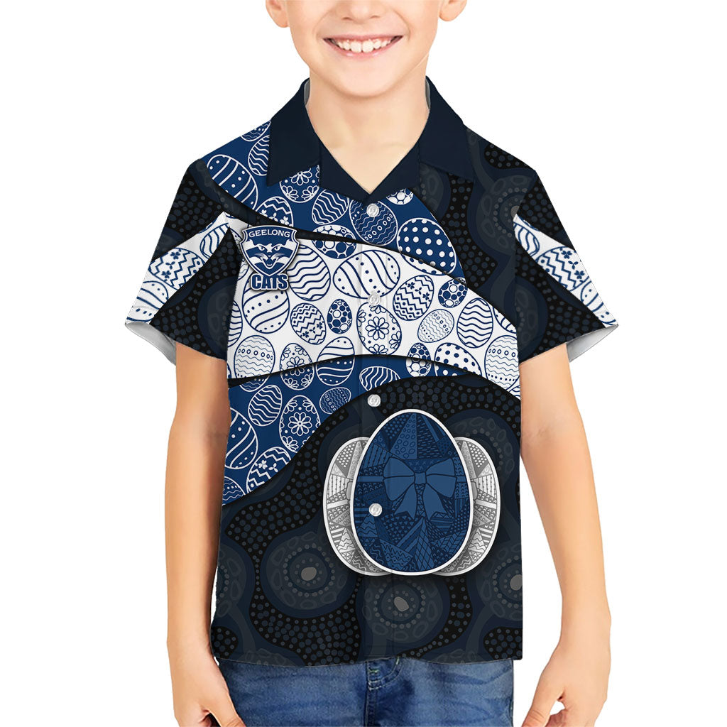 Personalized Geelong Cats Football Hawaiian Shirt Easter Egg Pattern Blue Monochrome Tribal Dot Style