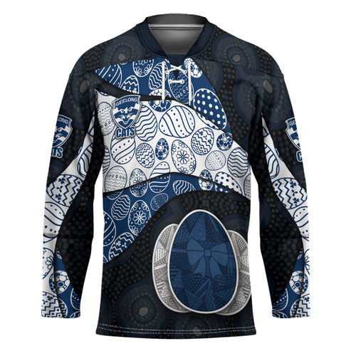 Personalized Geelong Cats Football Hockey Jersey Easter Egg Pattern Blue Monochrome Tribal Dot Style