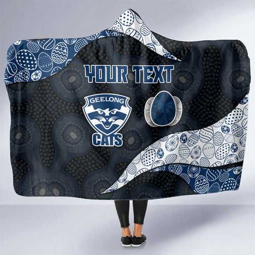 Personalized Geelong Cats Football Hooded Blanket Easter Egg Pattern Blue Monochrome Tribal Dot Style