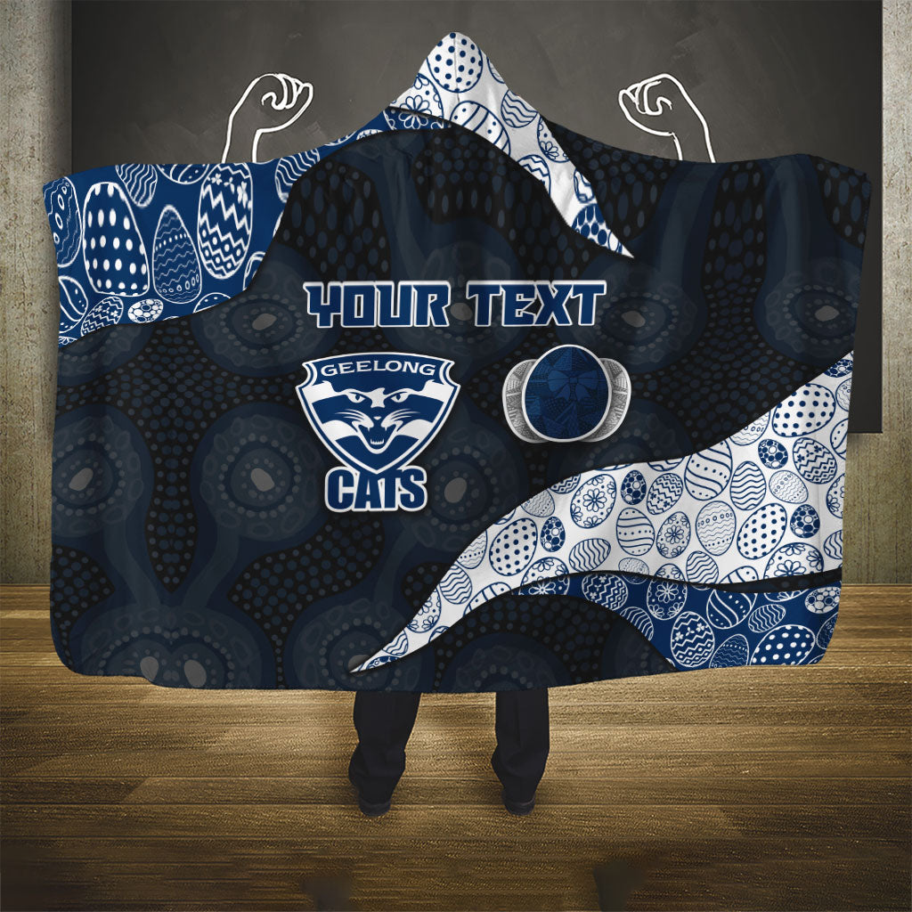 Personalized Geelong Cats Football Hooded Blanket Easter Egg Pattern Blue Monochrome Tribal Dot Style