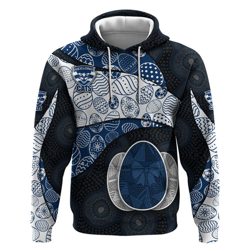 Personalized Geelong Cats Football Hoodie Easter Egg Pattern Blue Monochrome Tribal Dot Style