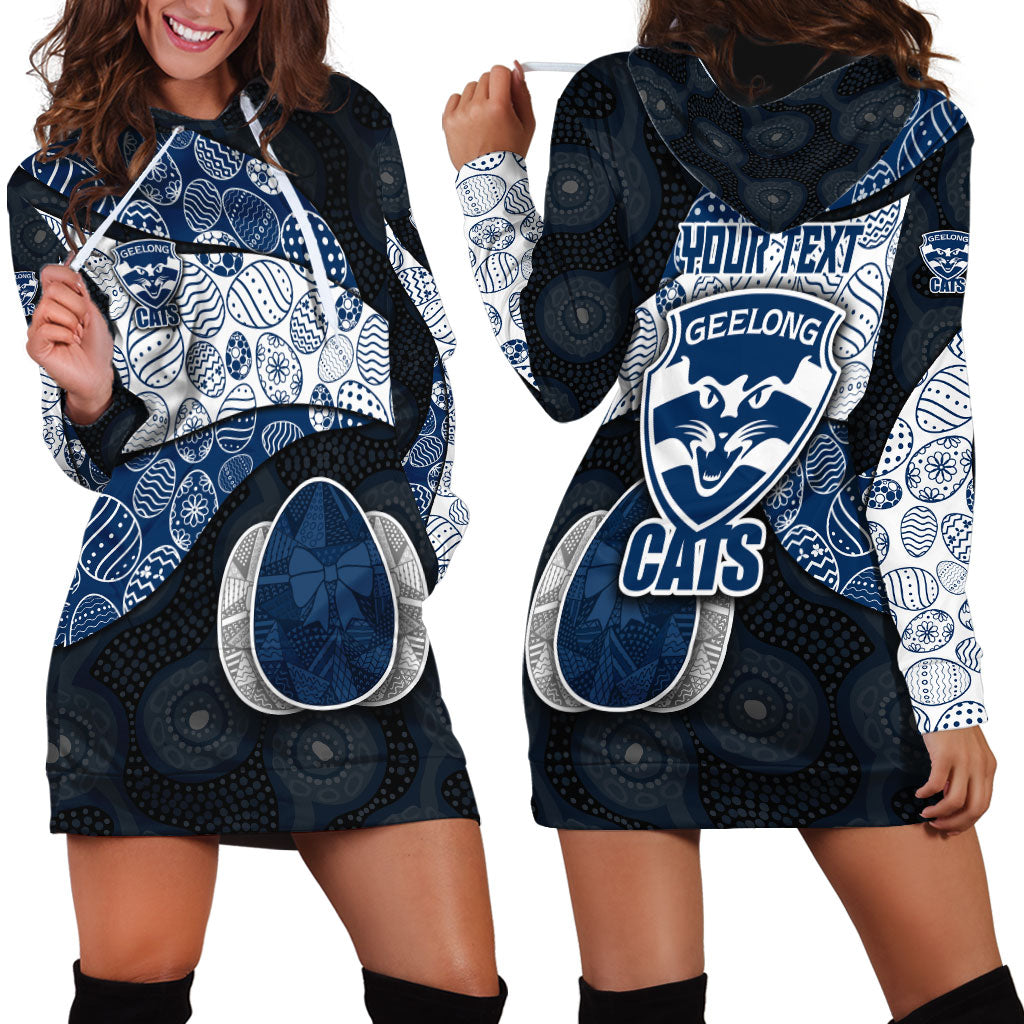 Personalized Geelong Cats Football Hoodie Dress Easter Egg Pattern Blue Monochrome Tribal Dot Style