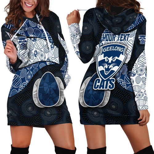 Personalized Geelong Cats Football Hoodie Dress Easter Egg Pattern Blue Monochrome Tribal Dot Style