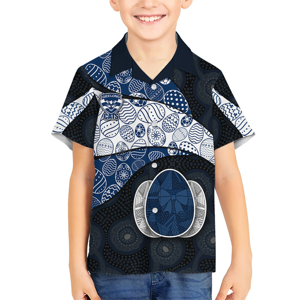 Personalized Geelong Cats Football Kid Hawaiian Shirt Easter Egg Pattern Blue Monochrome Tribal Dot Style