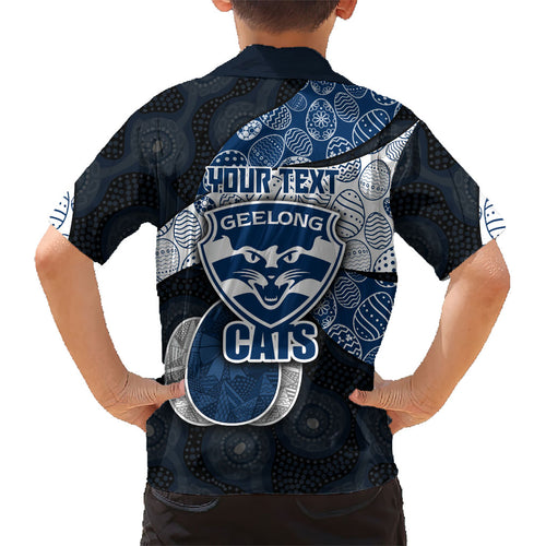 Personalized Geelong Cats Football Kid Hawaiian Shirt Easter Egg Pattern Blue Monochrome Tribal Dot Style