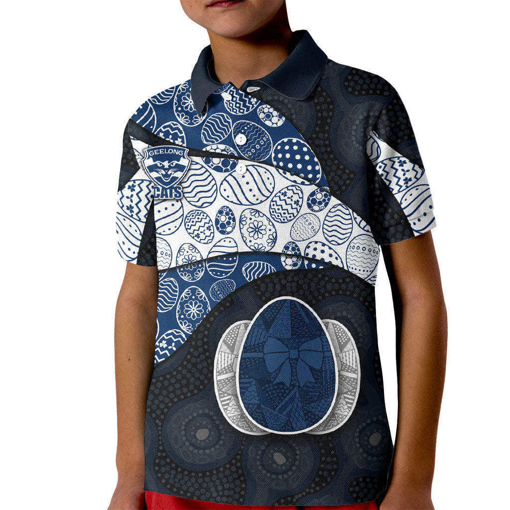 Personalized Geelong Cats Football Kid Polo Shirt Easter Egg Pattern Blue Monochrome Tribal Dot Style