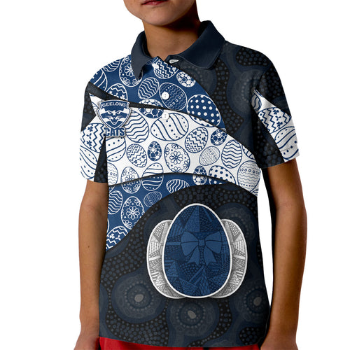 Personalized Geelong Cats Football Kid Polo Shirt Easter Egg Pattern Blue Monochrome Tribal Dot Style