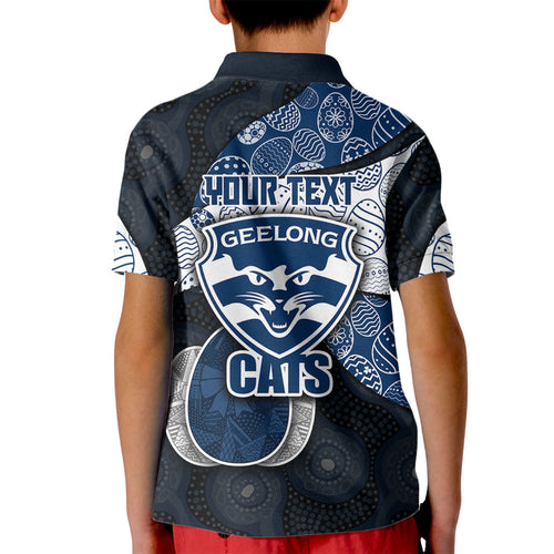 Personalized Geelong Cats Football Kid Polo Shirt Easter Egg Pattern Blue Monochrome Tribal Dot Style