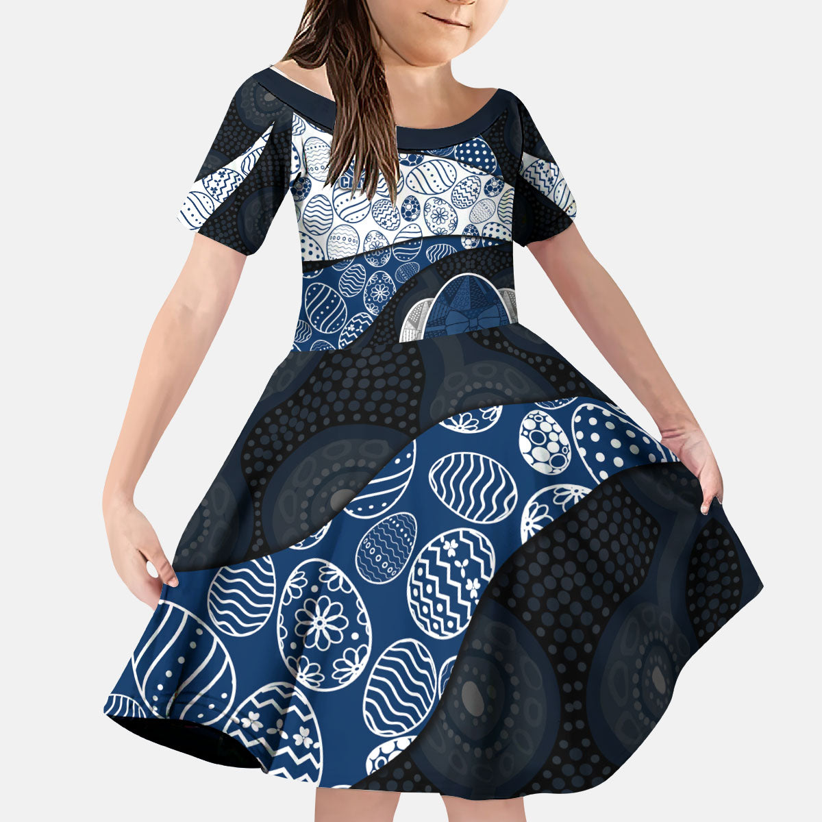 Personalized Geelong Cats Football Kid Short Sleeve Dress Easter Egg Pattern Blue Monochrome Tribal Dot Style